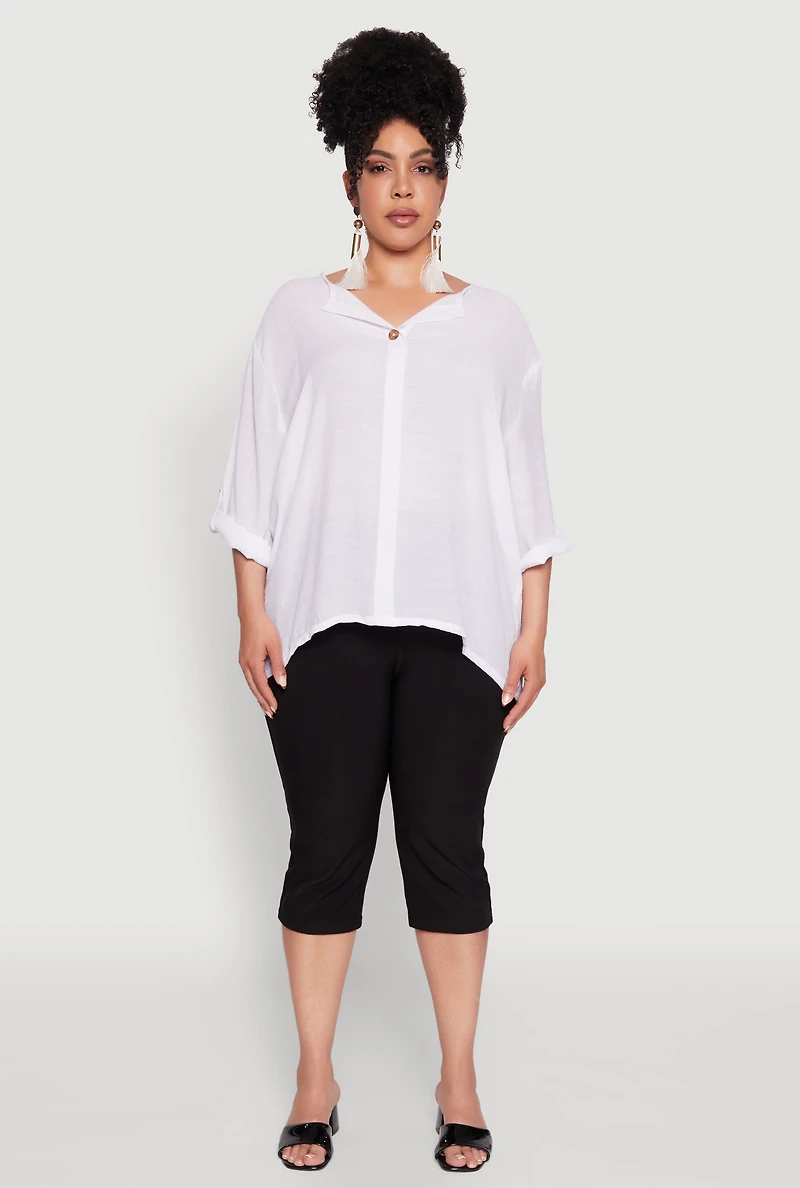Womens Plus Size Chic Gauze Knit Button Front Notch Neck Blouse, White, Size 2X