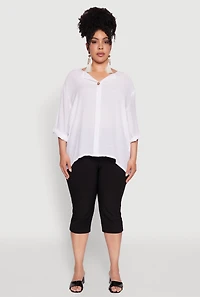 Womens Plus Size Chic Gauze Knit Button Front Notch Neck Blouse, White, Size 2X