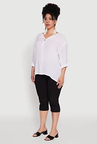 Womens Plus Size Chic Gauze Knit Button Front Notch Neck Blouse, White, Size 2X