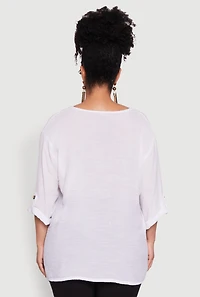Womens Plus Size Chic Gauze Knit Button Front Notch Neck Blouse, White, Size 2X