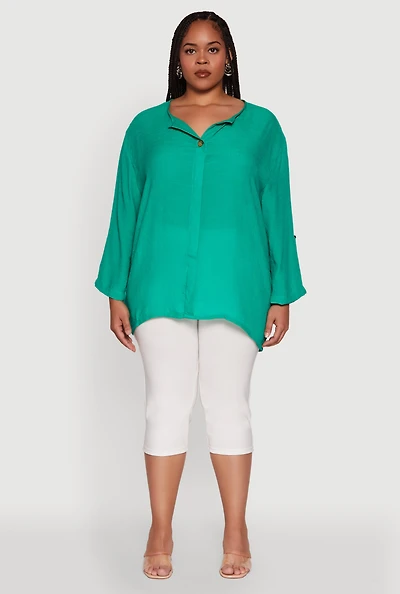 Womens Plus Size Chic Gauze Knit Button Front Notch Neck Blouse, Green, Size 1X