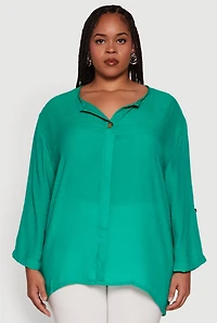 Womens Plus Size Chic Gauze Knit Button Front Notch Neck Blouse, Green, Size 1X