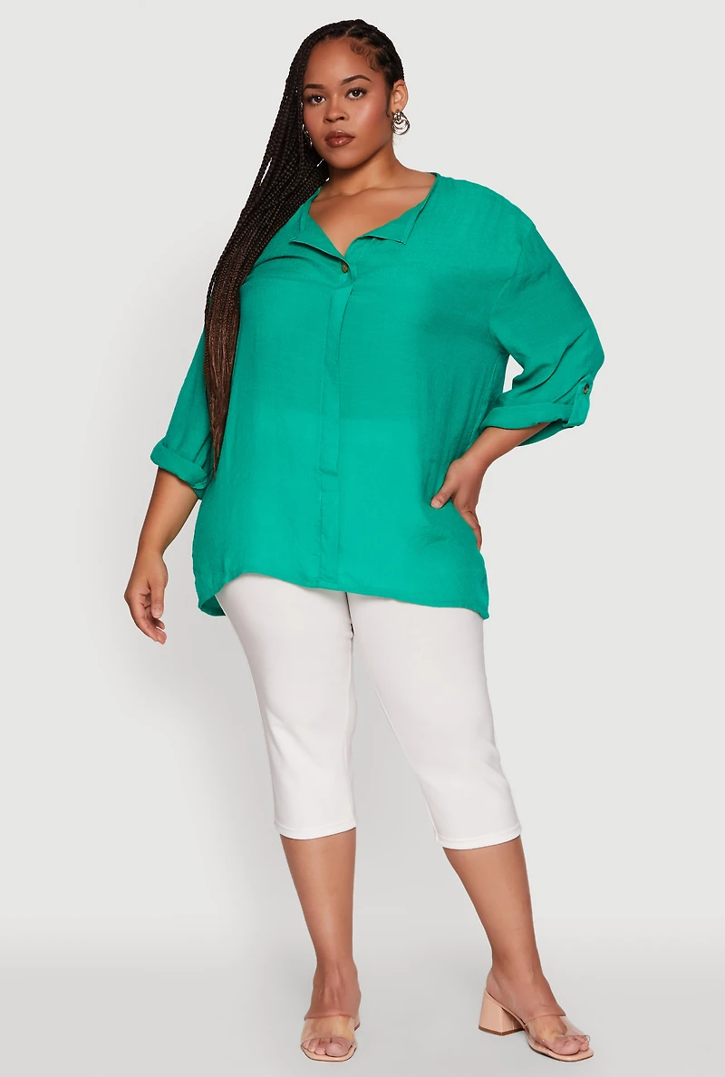 Womens Plus Size Chic Gauze Knit Button Front Notch Neck Blouse, Green, Size 1X