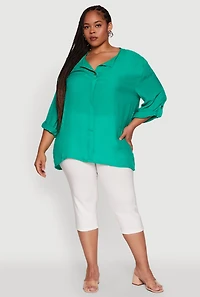 Womens Plus Size Chic Gauze Knit Button Front Notch Neck Blouse, Green, Size 1X