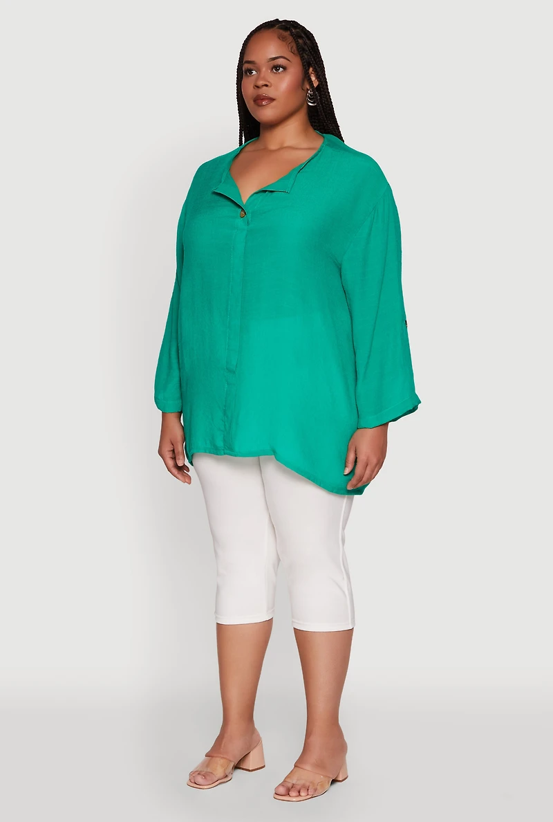 Womens Plus Size Chic Gauze Knit Button Front Notch Neck Blouse, Green, Size 1X