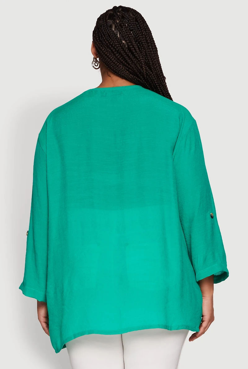 Womens Plus Size Chic Gauze Knit Button Front Notch Neck Blouse, Green, Size 1X