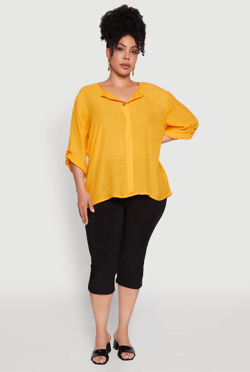 Plus Chic Gauze Knit Button Front Notch Neck Blouse