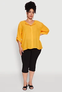 Plus Chic Gauze Knit Button Front Notch Neck Blouse