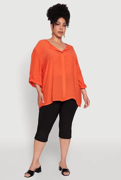 Womens Plus Size Chic Gauze Knit Button Front Notch Neck Blouse, Orange, Size 2X