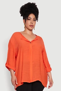 Womens Plus Size Chic Gauze Knit Button Front Notch Neck Blouse, Orange, Size 2X