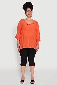 Womens Plus Size Chic Gauze Knit Button Front Notch Neck Blouse, Orange, Size 2X