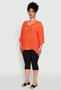 Womens Plus Size Chic Gauze Knit Button Front Notch Neck Blouse, Orange, Size 2X