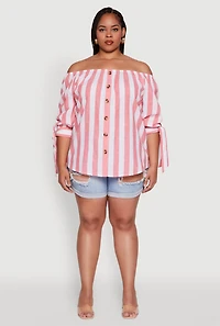 Womens Plus Size Chic Off Shoulder Striped Blouse, Pink, Size 1X