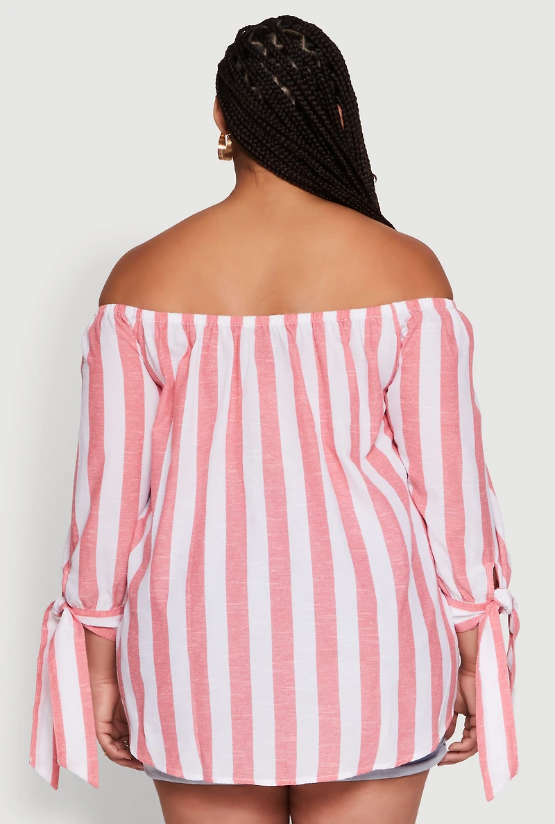 Womens Plus Size Chic Off Shoulder Striped Blouse, Pink, Size 1X