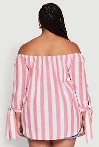 Womens Plus Size Chic Off Shoulder Striped Blouse, Pink, Size 1X