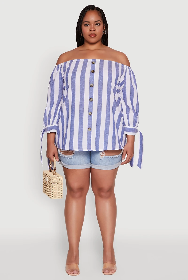 Womens Plus Size Chic Off Shoulder Striped Blouse, Blue, Size 2X