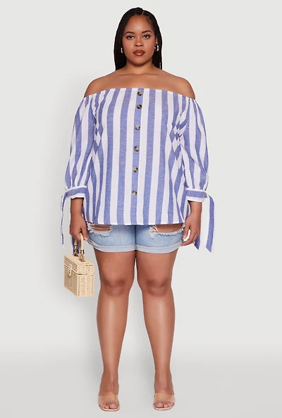 Womens Plus Size Chic Off Shoulder Striped Blouse, Blue, Size 2X