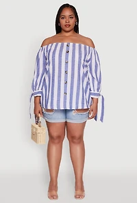 Womens Plus Size Chic Off Shoulder Striped Blouse, Blue, Size 2X