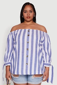 Womens Plus Size Chic Off Shoulder Striped Blouse, Blue, Size 2X