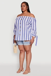 Womens Plus Size Chic Off Shoulder Striped Blouse, Blue, Size 2X