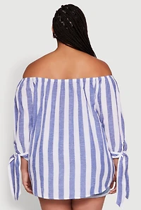 Womens Plus Size Chic Off Shoulder Striped Blouse, Blue, Size 2X