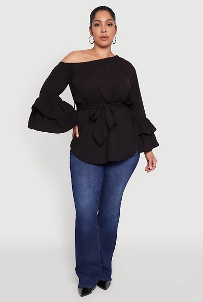 Plus Stylish One Shoulder Bell Sleeve Blouse with Ruffles