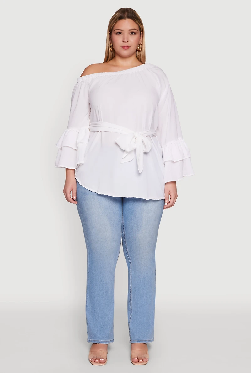 Womens Plus Stylish One Shoulder Bell Sleeve Blouse with Ruffles,