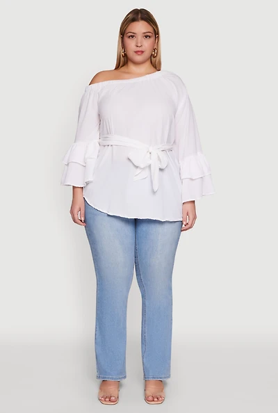 Womens Plus Stylish One Shoulder Bell Sleeve Blouse with Ruffles,