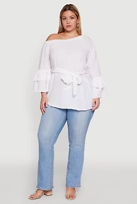 Womens Plus Stylish One Shoulder Bell Sleeve Blouse with Ruffles,