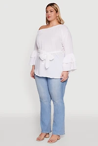 Womens Plus Stylish One Shoulder Bell Sleeve Blouse with Ruffles,