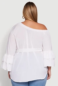 Womens Plus Stylish One Shoulder Bell Sleeve Blouse with Ruffles,