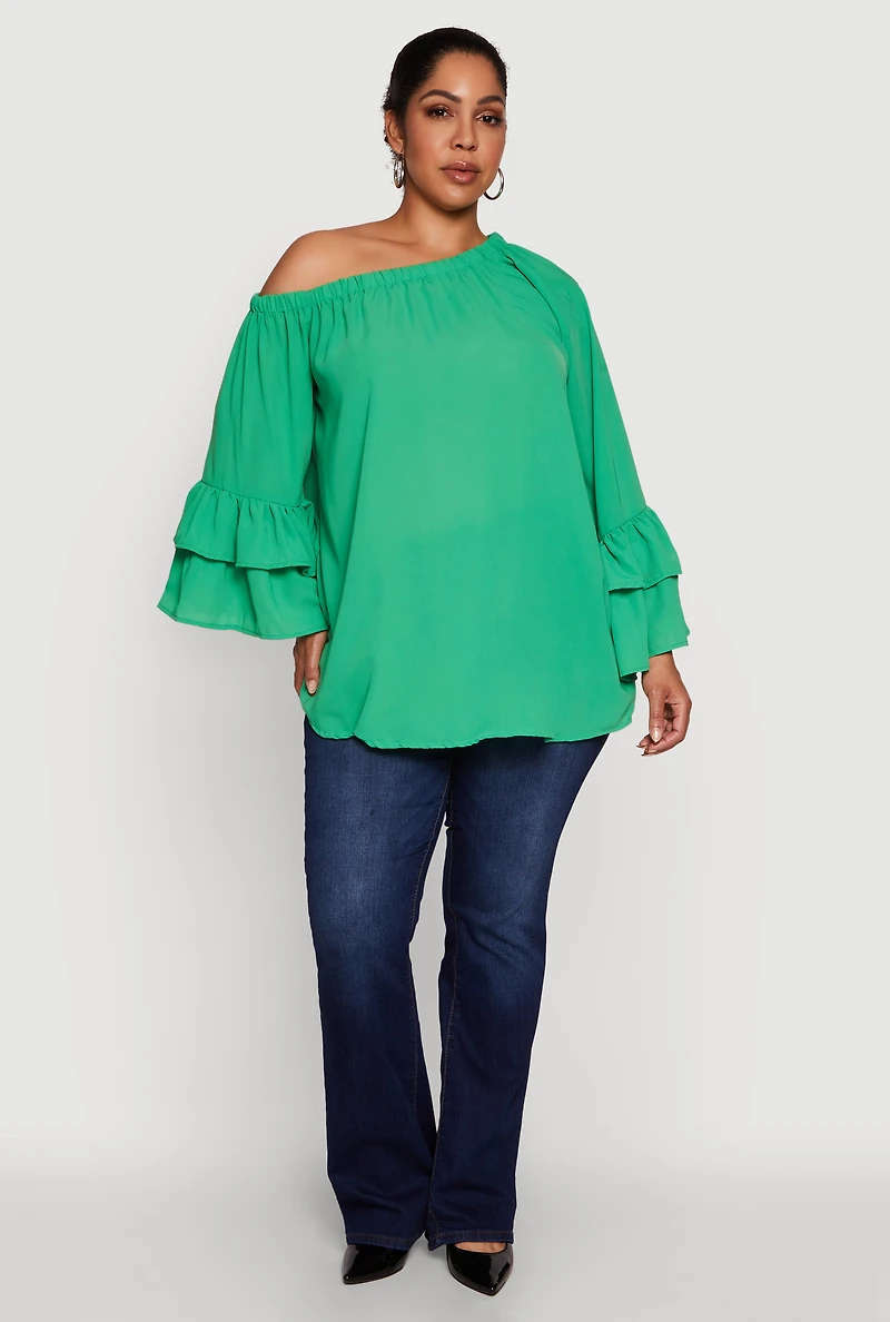 Womens Plus Size Stylish One Shoulder Bell Sleeve Blouse with Ruffles, Green, Size 2X