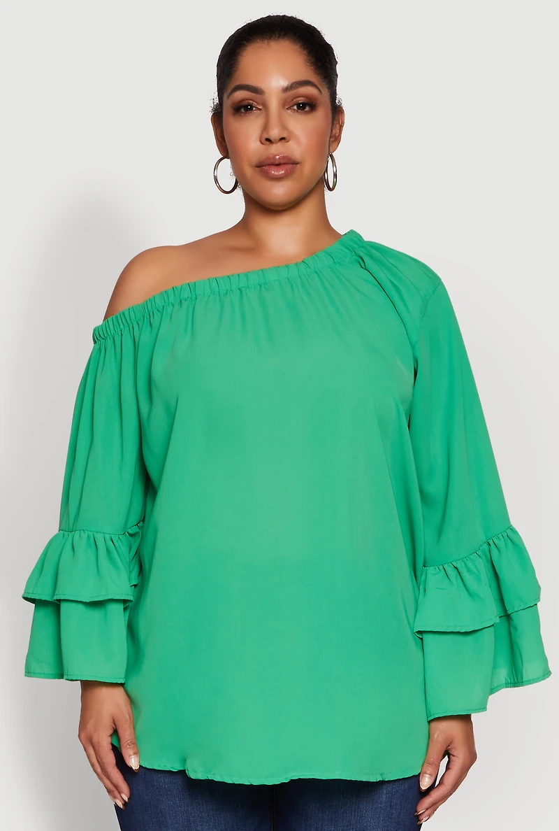 Womens Plus Size Stylish One Shoulder Bell Sleeve Blouse with Ruffles, Green, Size 2X
