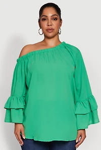 Womens Plus Size Stylish One Shoulder Bell Sleeve Blouse with Ruffles, Green, Size 2X