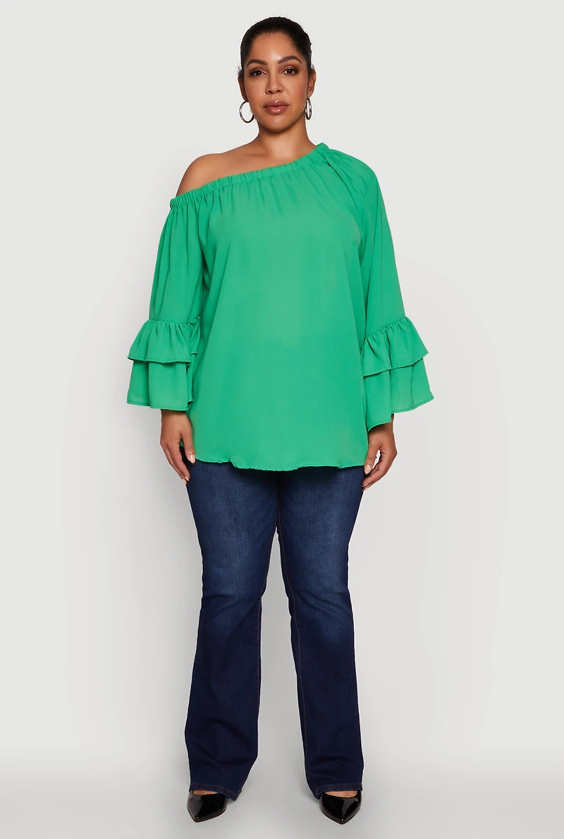 Womens Plus Size Stylish One Shoulder Bell Sleeve Blouse with Ruffles, Green, Size 2X