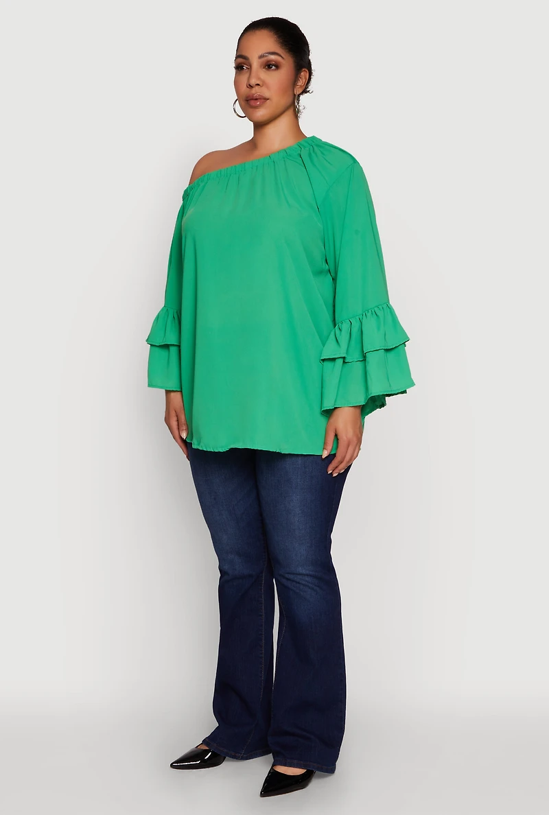Womens Plus Size Stylish One Shoulder Bell Sleeve Blouse with Ruffles, Green, Size 2X