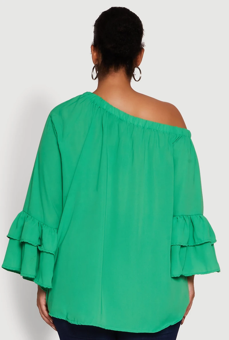 Womens Plus Size Stylish One Shoulder Bell Sleeve Blouse with Ruffles, Green, Size 2X