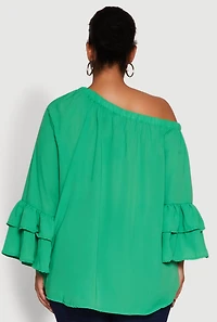 Womens Plus Size Stylish One Shoulder Bell Sleeve Blouse with Ruffles, Green, Size 2X