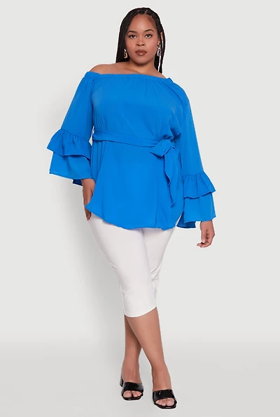 Womens Plus Stylish One Shoulder Bell Sleeve Blouse with Ruffles,