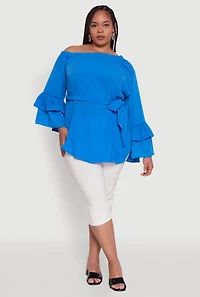 Plus Stylish One Shoulder Bell Sleeve Blouse with Ruffles