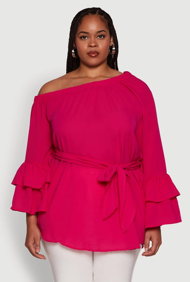 Womens Plus Size Stylish One Shoulder Bell Sleeve Blouse with Ruffles, Pink, Size 3X