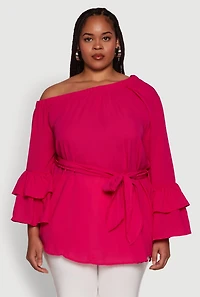 Womens Plus Size Stylish One Shoulder Bell Sleeve Blouse with Ruffles, Pink, Size 3X