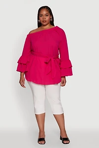 Womens Plus Size Stylish One Shoulder Bell Sleeve Blouse with Ruffles, Pink, Size 3X