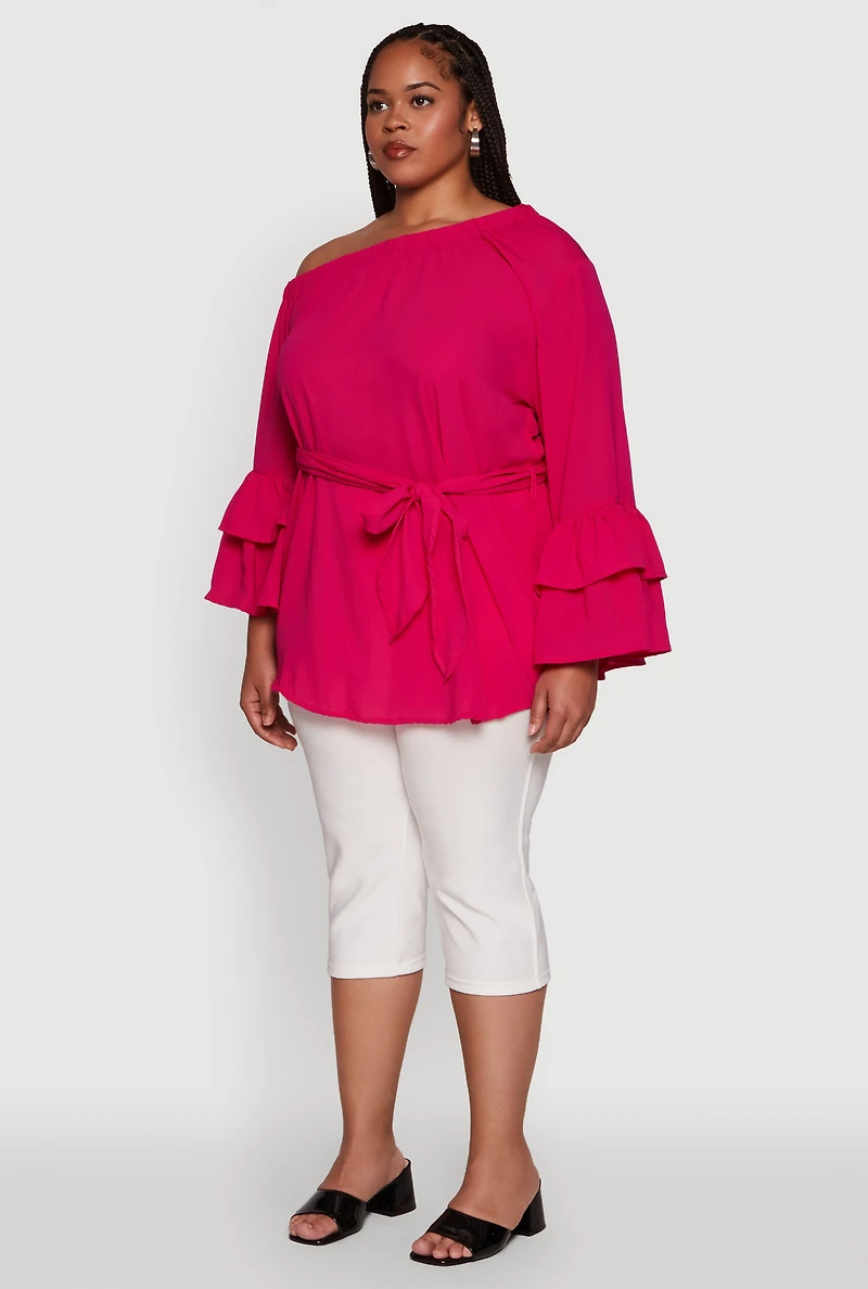 Womens Plus Size Stylish One Shoulder Bell Sleeve Blouse with Ruffles, Pink, Size 3X