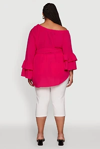Womens Plus Size Stylish One Shoulder Bell Sleeve Blouse with Ruffles, Pink, Size 3X
