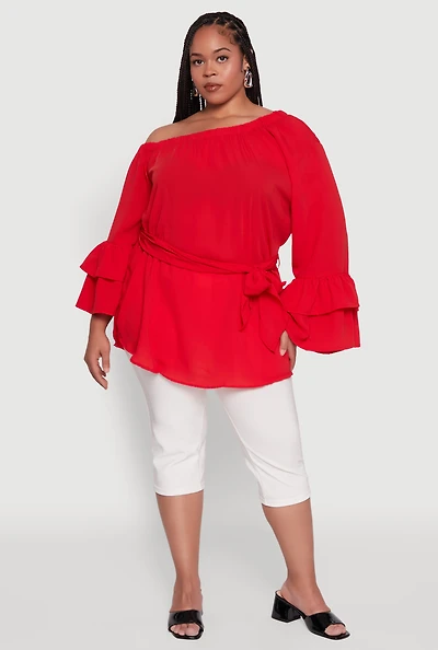Womens Plus Stylish One Shoulder Bell Sleeve Blouse with Ruffles, 2X