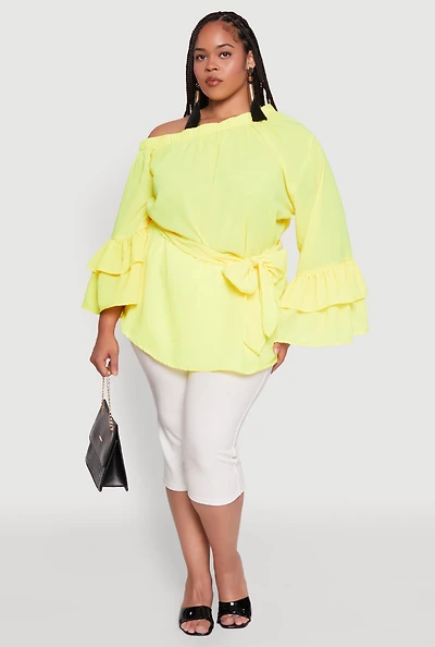 Womens Plus Size Stylish One Shoulder Bell Sleeve Blouse with Ruffles, Yellow, Size 2X