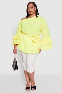 Plus Stylish One Shoulder Bell Sleeve Blouse with Ruffles