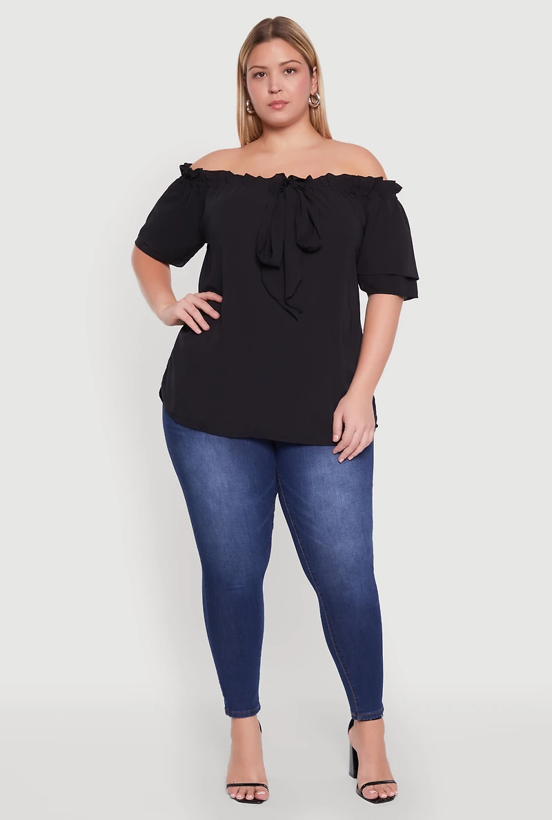 Womens Plus Size Stylish Off the Shoulder Tiered Sleeve Blouse, Black, Size 3X