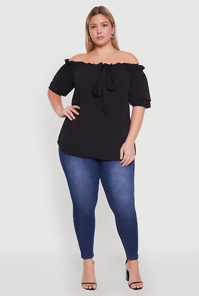 Womens Plus Size Stylish Off the Shoulder Tiered Sleeve Blouse, Black, Size 3X